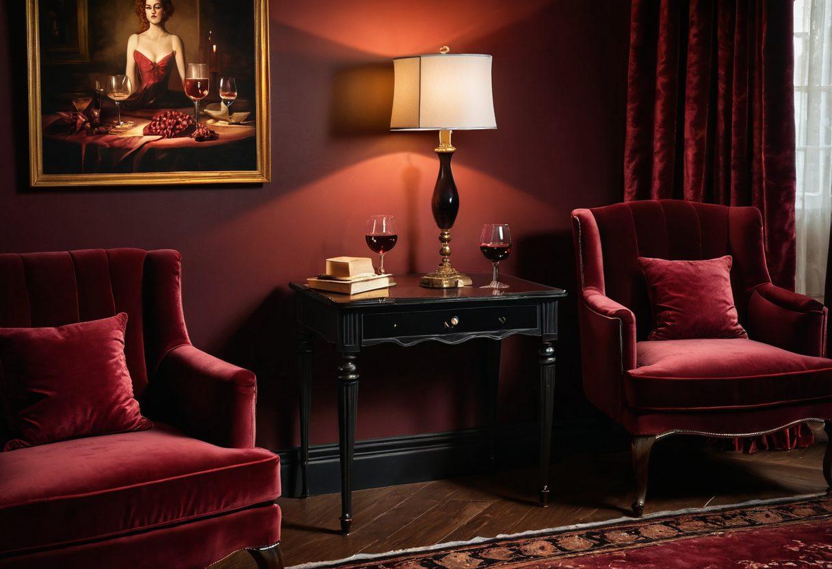 A seductive and inviting scene featuring a candlelit room with plush velvet furnishings, adorned with subtle hints of adult-themed art and literature scattered artistically. A glass of deep red wine on a stylish table, with soft shadows casting an alluring atmosphere. The background should hint at a passionate lifestyle with elegant decor. vibrant colors. super-realistic.