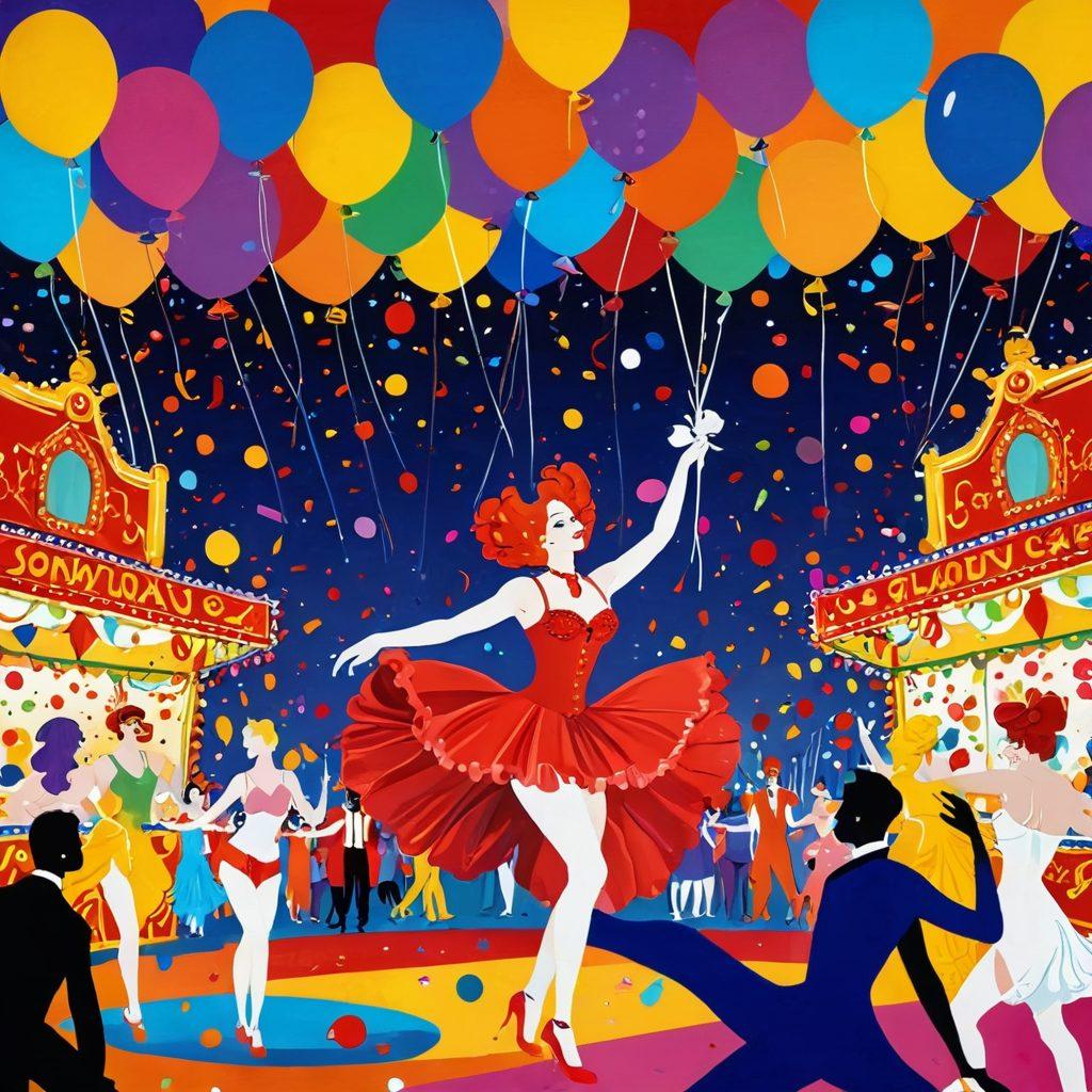A whimsical and vibrant depiction of a colorful carnival scene filled with playful characters engaging in various forms of erotic entertainment, such as a Burlesque performer, sensual dancers, and playful games. Incorporate elements of fun like balloons and confetti to represent joy and pleasure. The scene should evoke a sense of excitement and exploration with bold, vivid colors. whimsical art style. vibrant colors. energetic atmosphere.