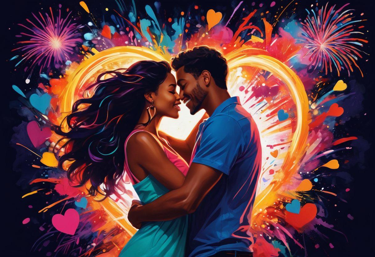 A vibrant, abstract representation of diverse couples embracing joy and intimacy, surrounded by playful symbols of romance like hearts and fireworks. Emphasize the expression of excitement and pleasure in a colorful, energetic style. Include soft, warm lighting that enhances the feeling of passion and excitement. Use bold, dynamic brush strokes to convey movement and passion. surreal art, vibrant colors.